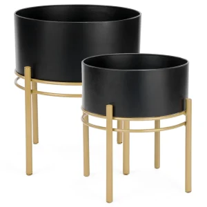 Attitudes Import 2 Black Planter On Gold Base - Small* Vases & Pots