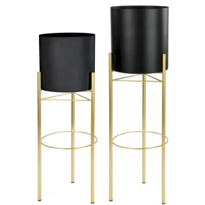 Attitudes Import 2 Black Pot On Golden Stand* Vases & Pots