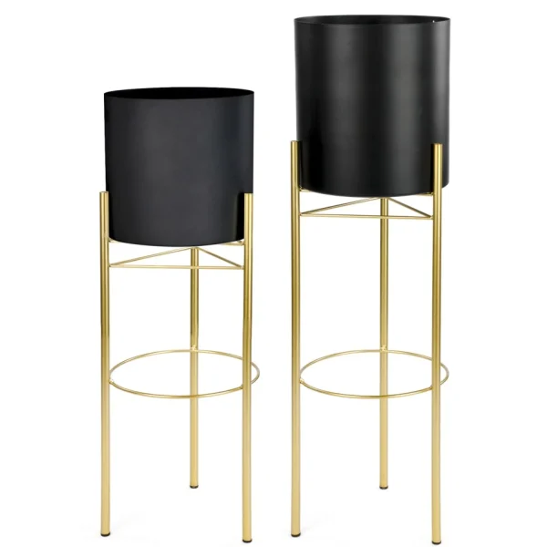 Attitudes Import 2 Black Pot On Golden Stand* Vases & Pots