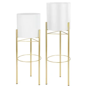 Attitudes Import 2 White Pot On Golden Stand* Vases & Pots